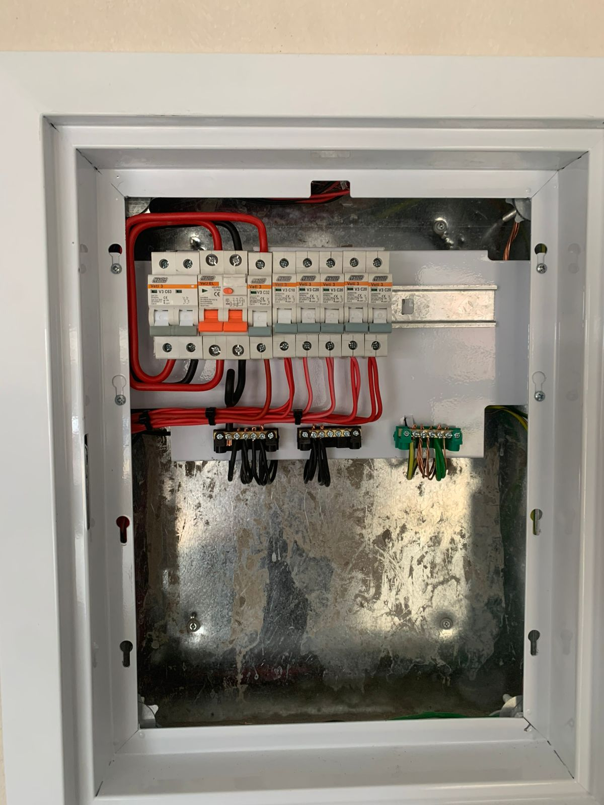 Inside view of a distribution board during electrical fitment